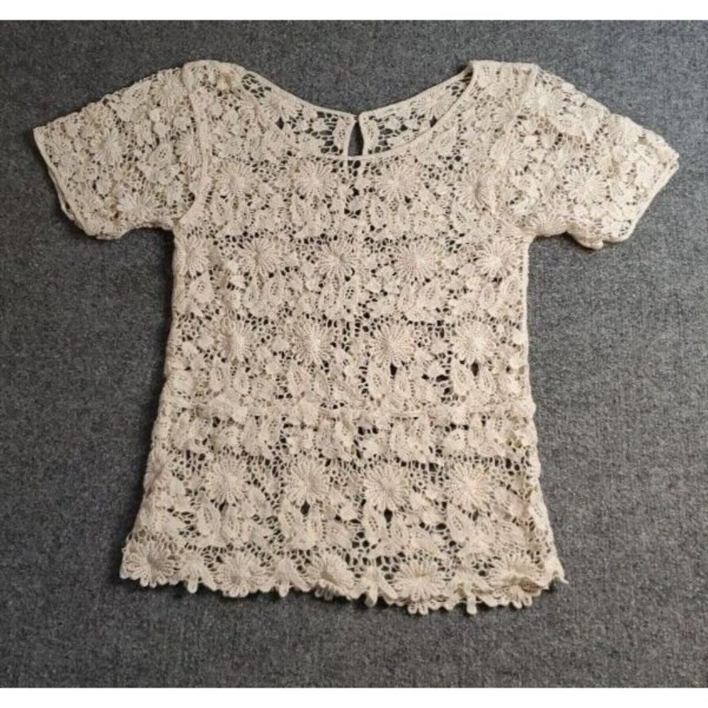 Lovely 153 Crochet  Scoop Neck Cotton Tunic Top Cream Ivory Sheer Over Shirt   S